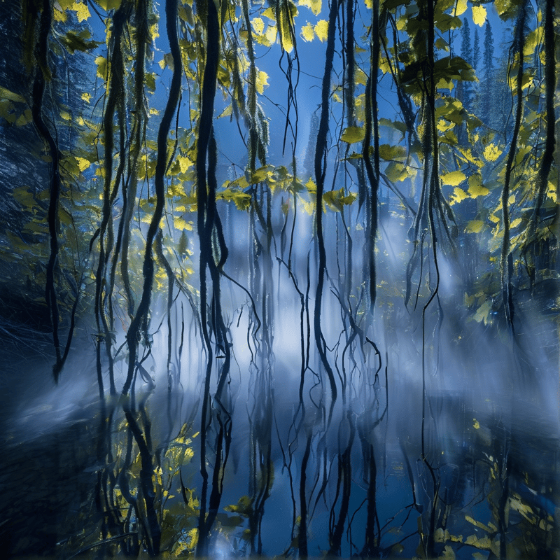 Dark hanging vines frame a view of yellow leaves and blue sky through a thick layer of white mist.