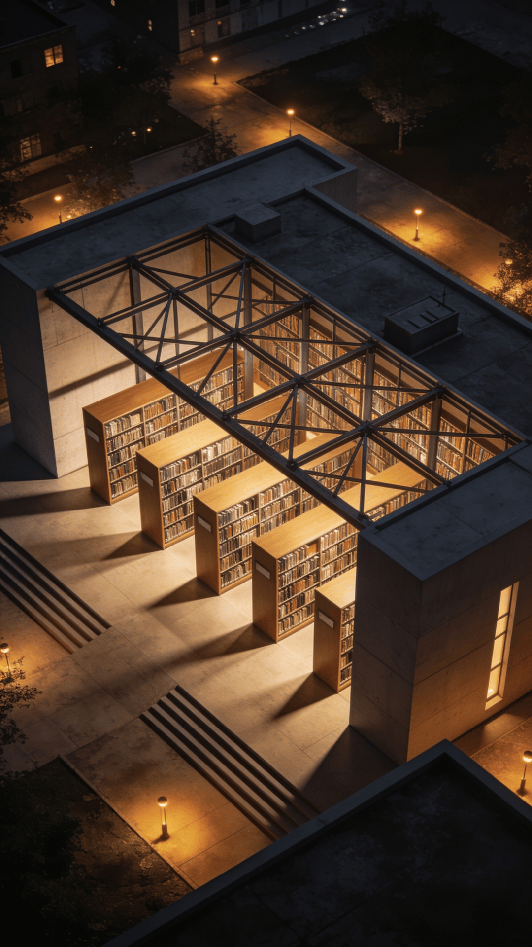 Library with Steel Frame — Night With Warm Lights