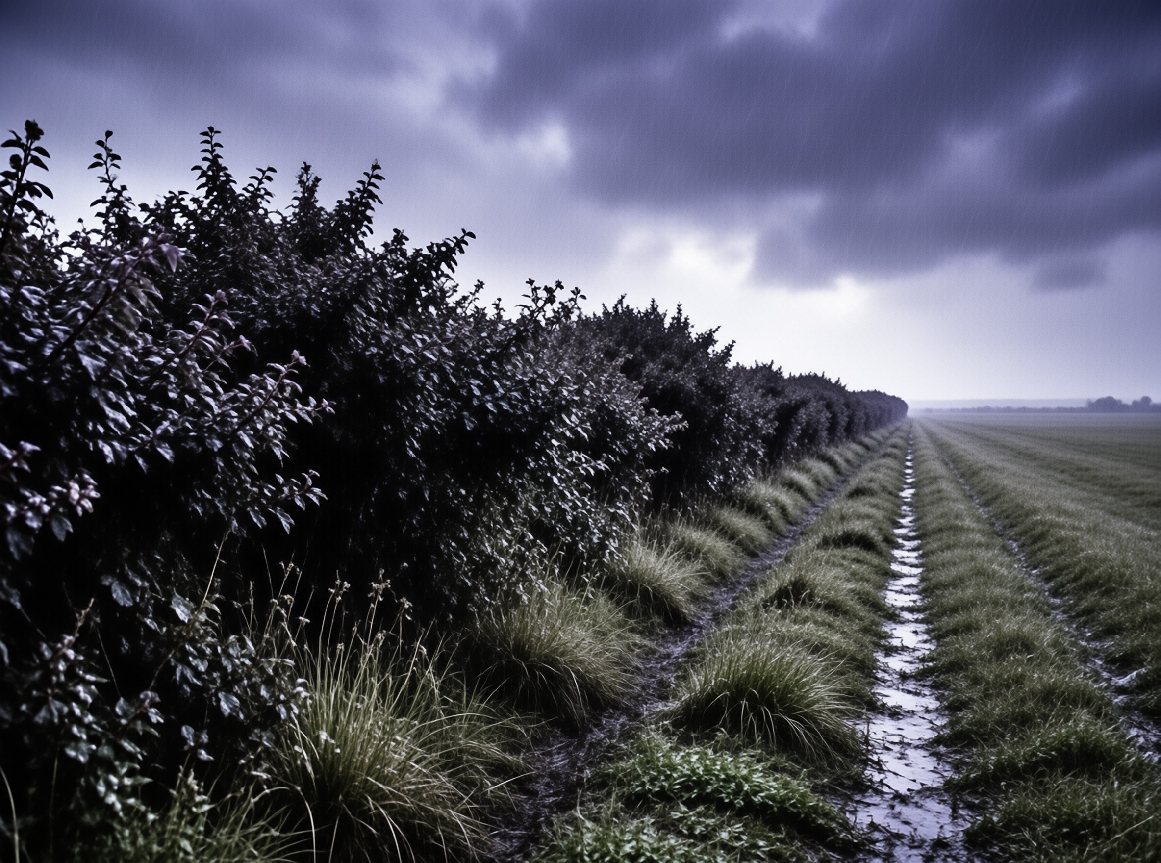 A dark hedge runs alongside rows of wet grass leading to a distant horizon under a heavy grey sky.