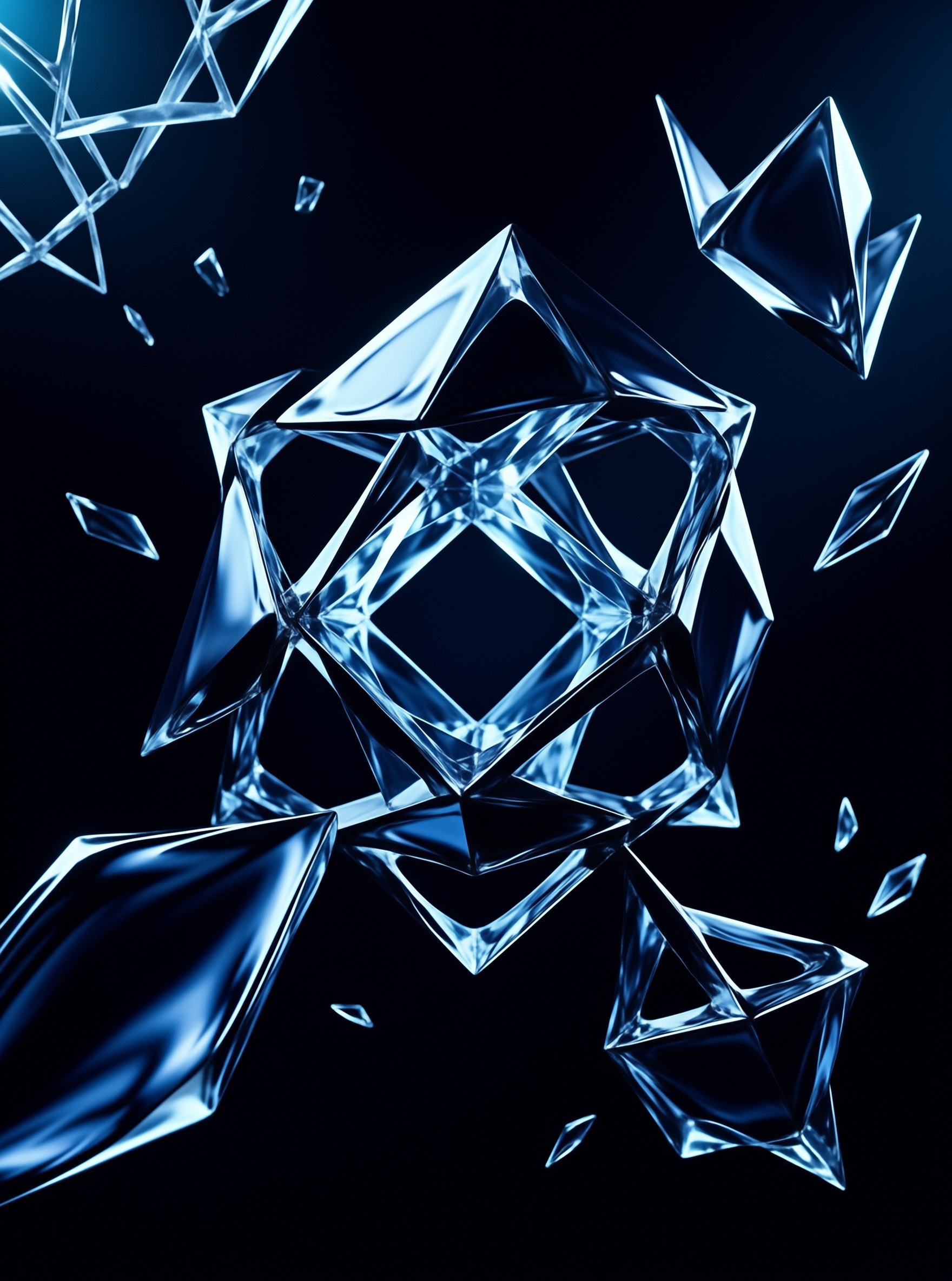 A translucent crystalline geometric solid splintering into floating shards against a deep midnight blue void.