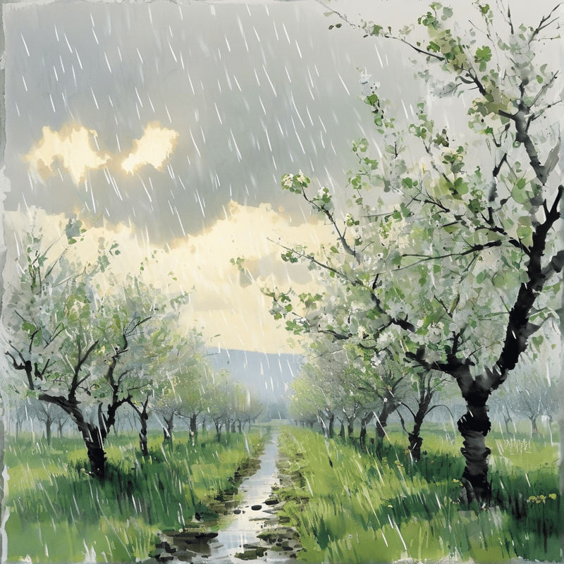 A grassy path runs between trees under a rainy sky where bright yellow sunlight breaks through the clouds.
