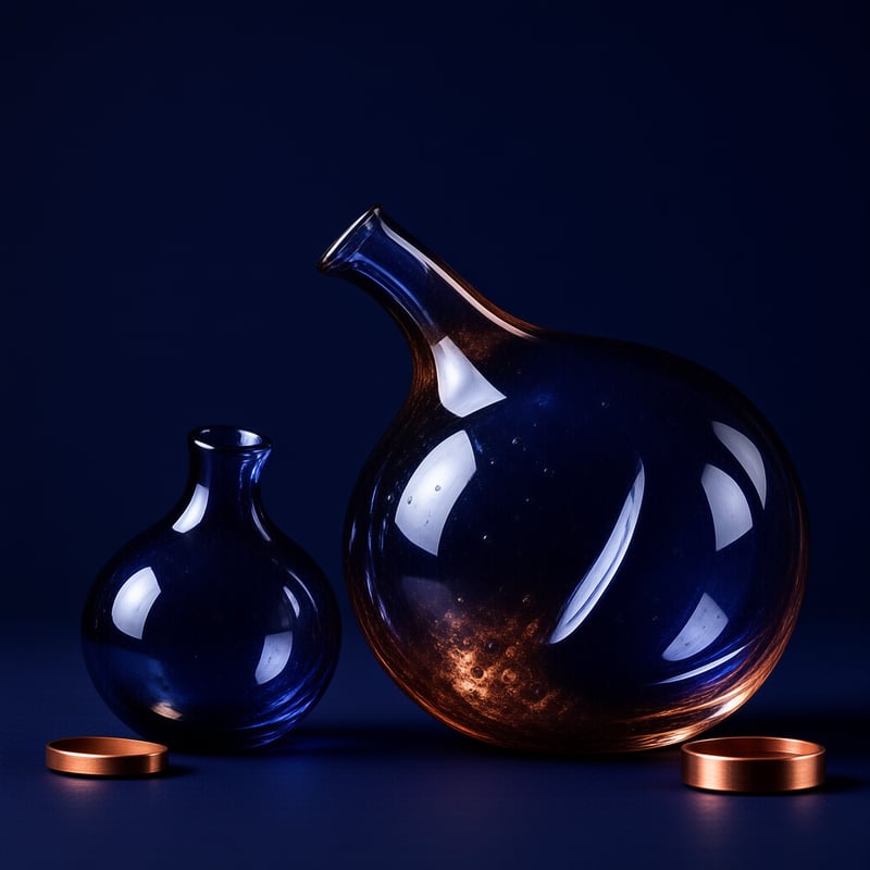 Two translucent blue glass decanters of different sizes sit on a dark blue surface alongside small copper rings.