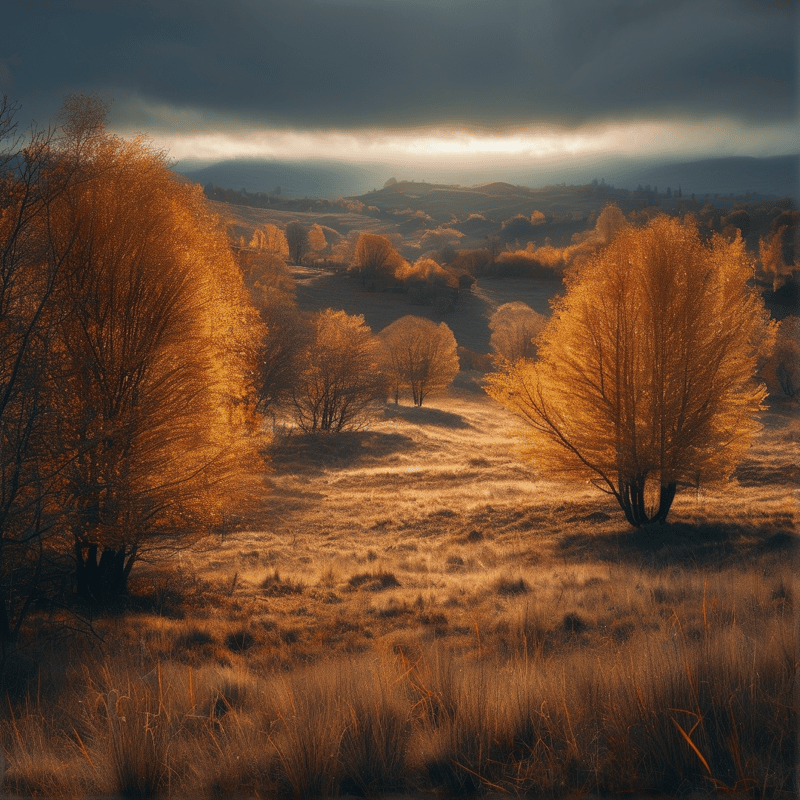 Bright yellow autumn trees stand in a grassy valley while sunbeams break through dark storm clouds in the distance.