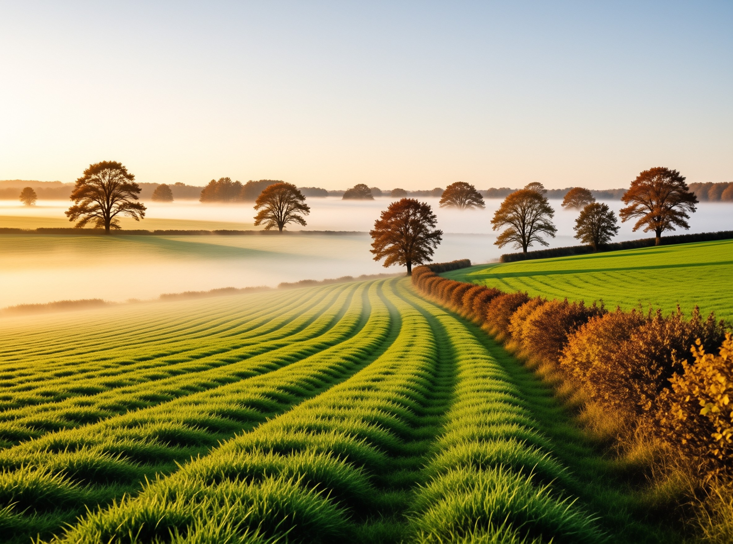 Golden morning light rakes across curving rows of green wheat dotted with mist and autumn trees.