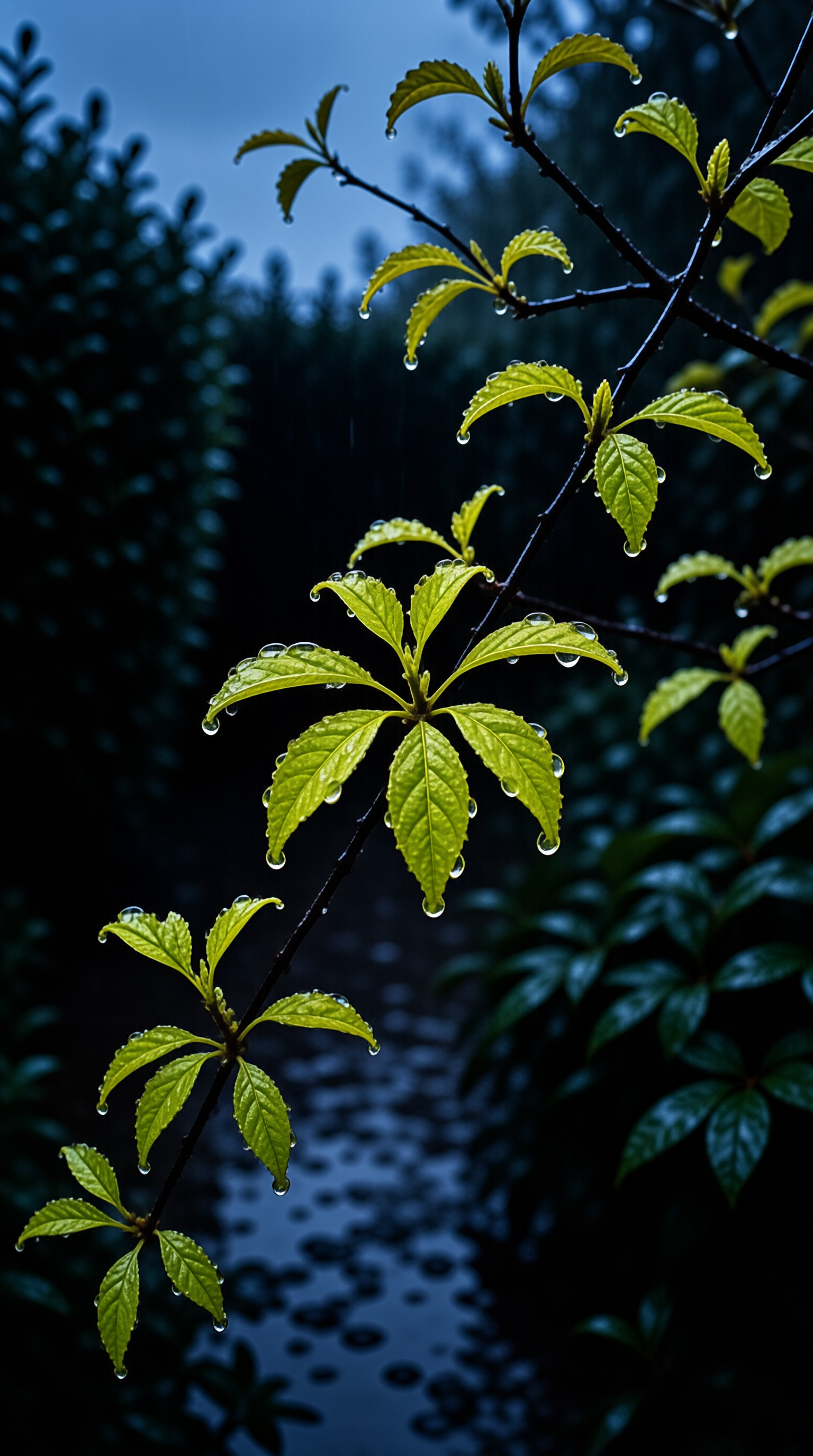 A tree branch with bright green leaves covered in water droplets against a dark blurry background of blue twilight.