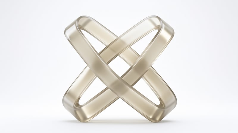 Two brushed bronze rings weave through each other as a smooth sculptural knot on a pale studio backdrop.