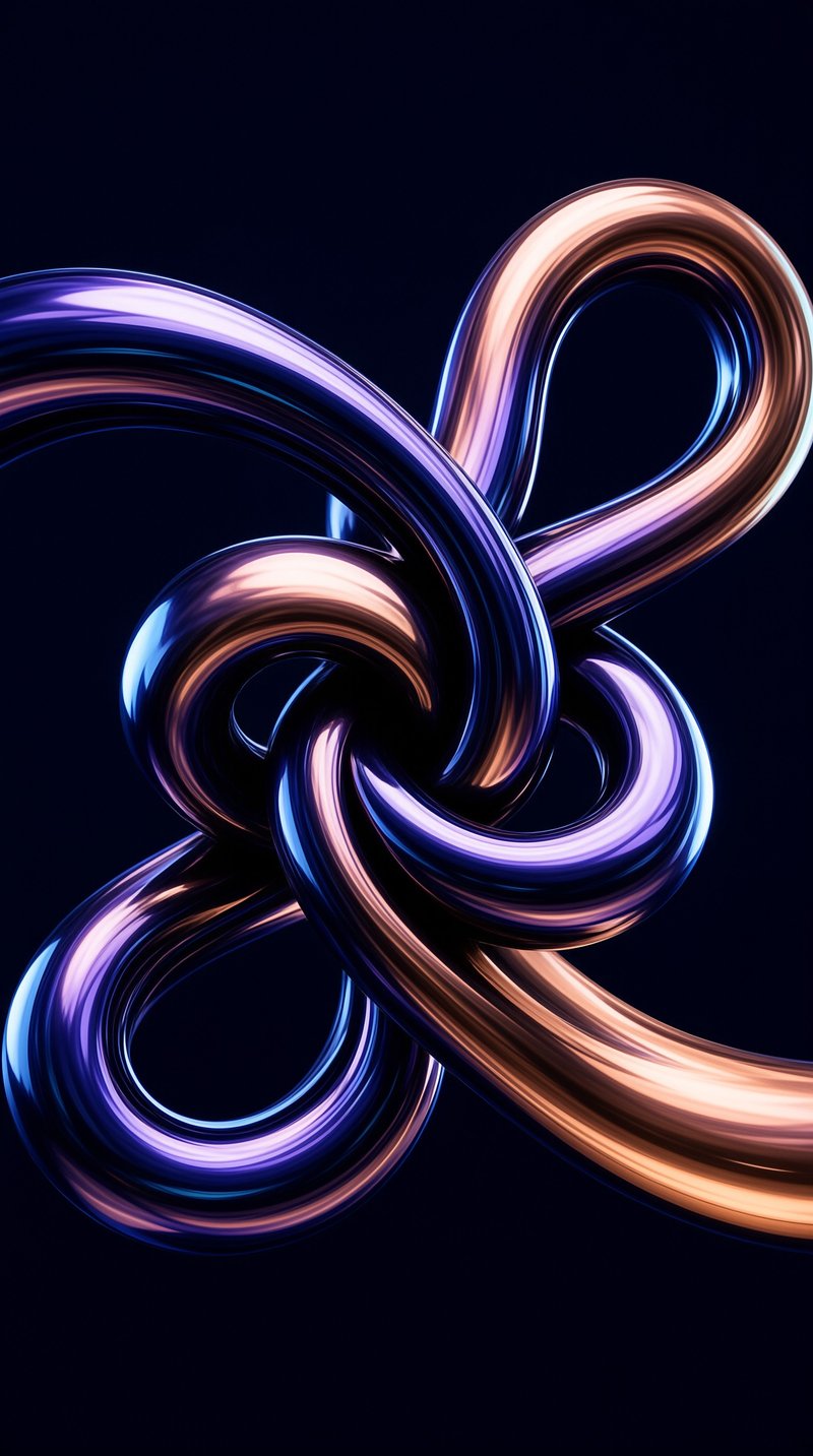 Interlocking loops of glossy metallic tubing twist into a knot, reflecting copper and purple highlights on a dark ground.