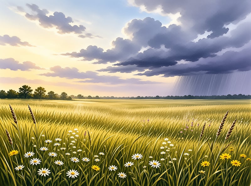 Wide golden grain field with foreground daisies and wildflowers stretches to a distant tree line under a sky split between warm sunset light and a rain cloud shedding a downpour.
