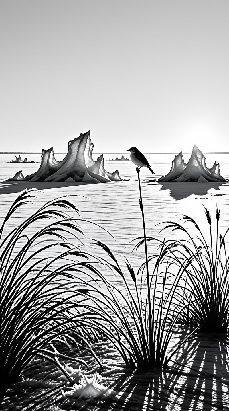 A small bird perches on a slender reed stalk with jagged salt formations rising from the water behind.