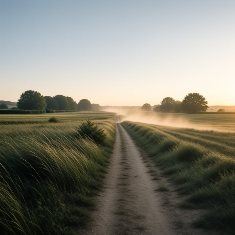 A sunlit rural track cuts through tall grass with foggy hills and trees under a bright sky.