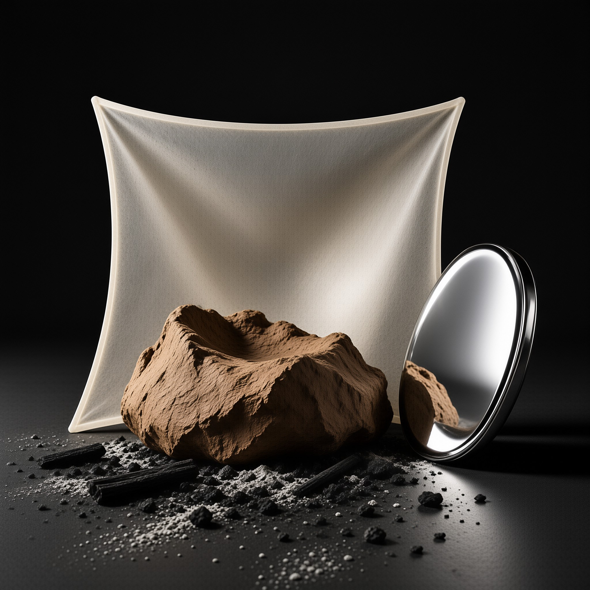 A hollow red-brown stone sits before a stretched cream cloth on a dark set, its reflection caught in a small mirror.