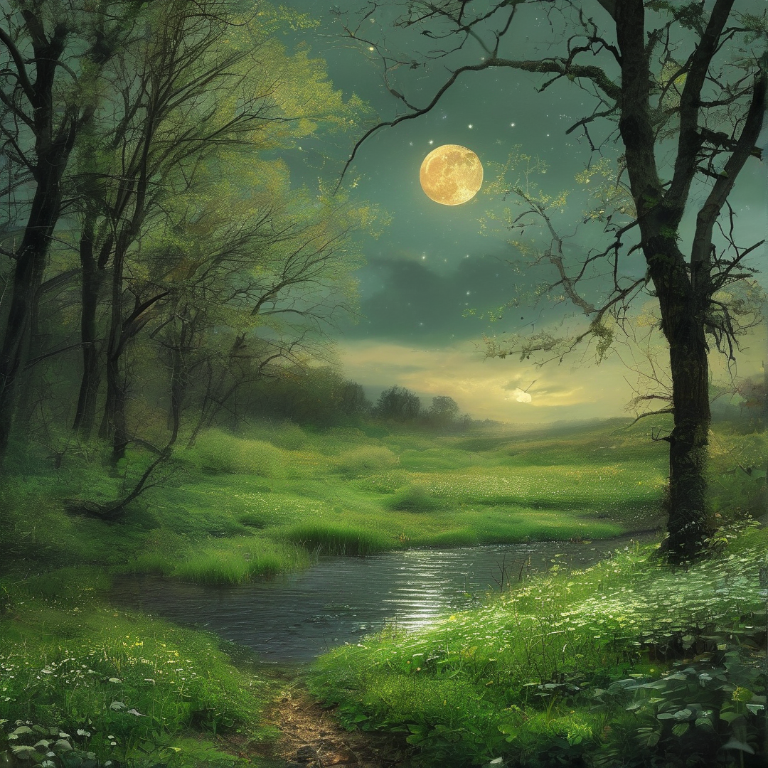 Moonlit Forest River Scene
