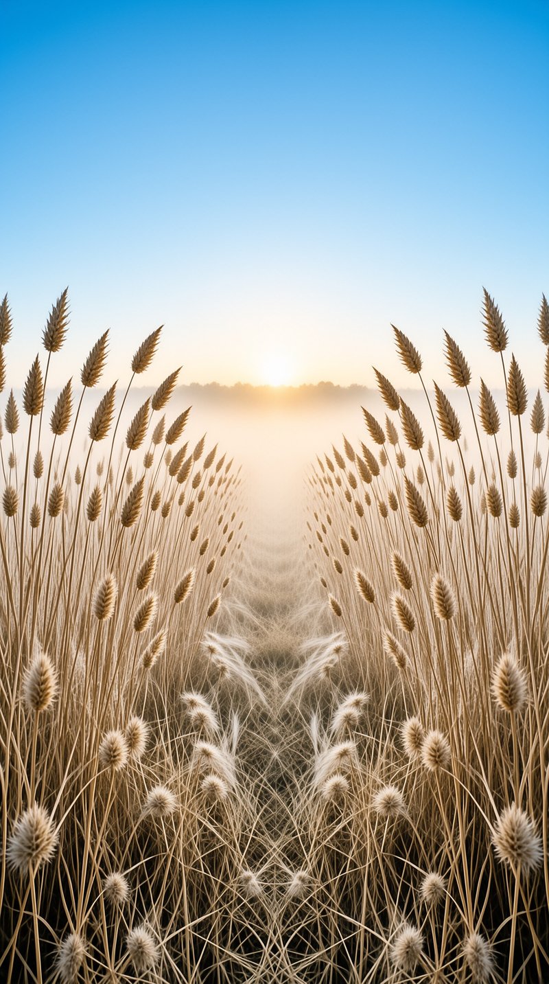 Tall dry wheat stalks line a central path leading toward a glowing sun on the horizon under a clear blue sky.