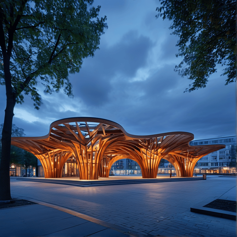A curved wooden structure stands on a plaza with warm lighting contrasting the cool blue twilight sky above.