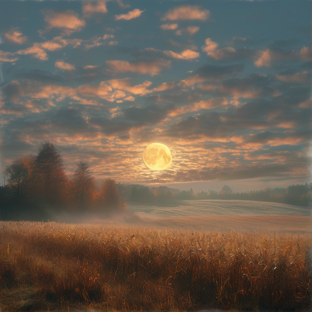 Golden Moon over Misty Field