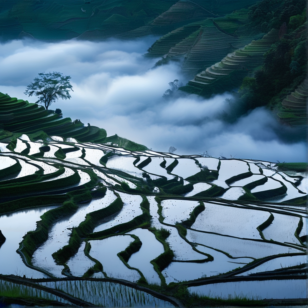 Misty Terraced Rice Fields