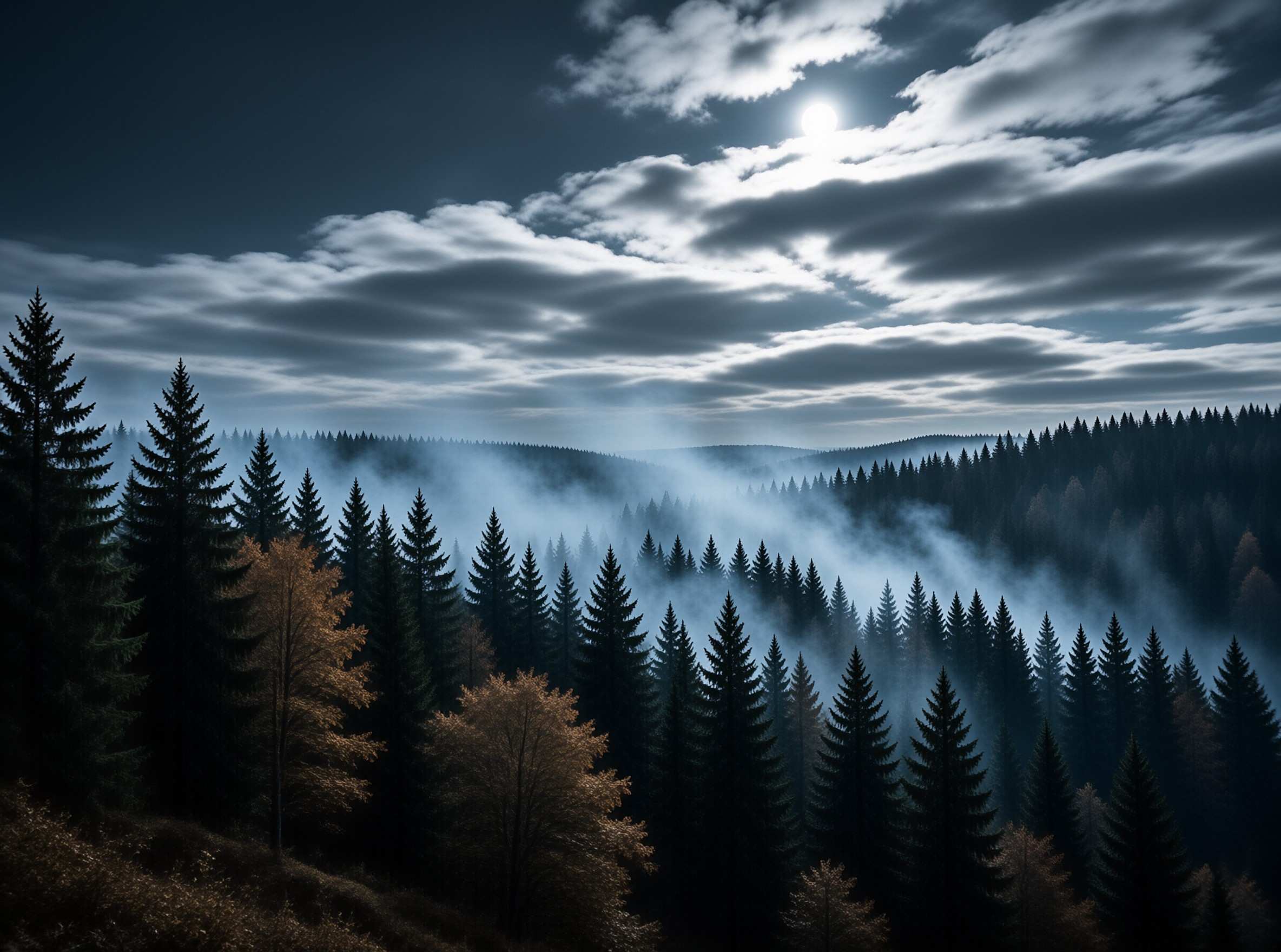 Misty Forest Under Moonlight