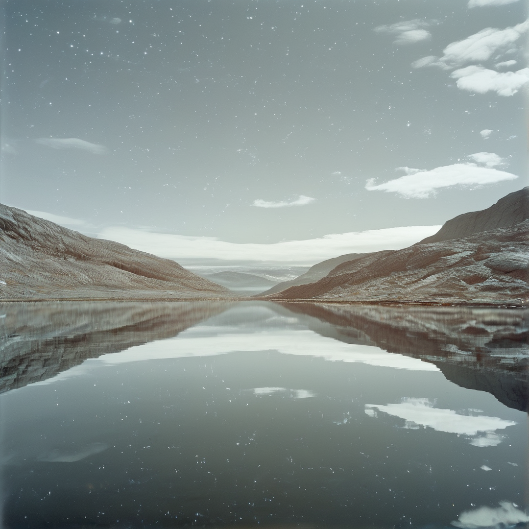 A tranquil lake surface mirrors a star-filled sky and surrounding mountain slopes under a dim ambient glow.