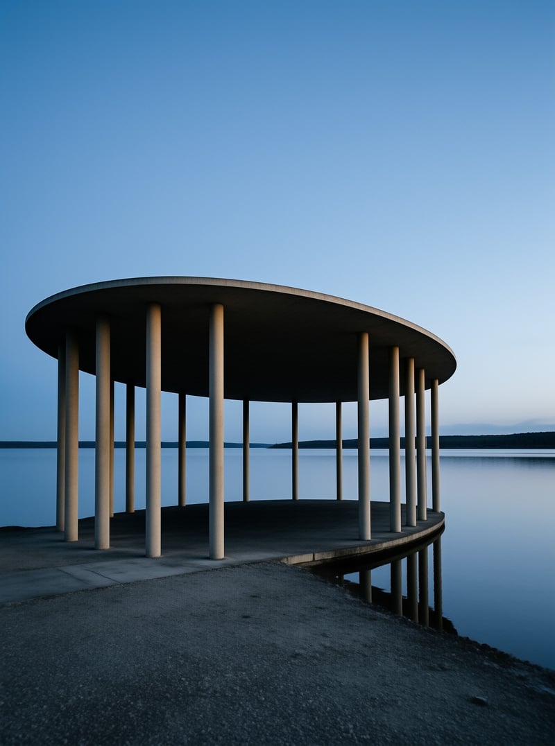 Slender columns support a flat circular roof above a concrete deck at the edge of a calm lake at dusk.