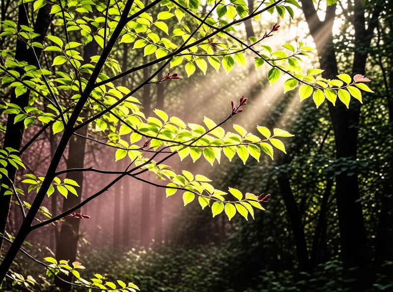 Vibrant green leaves on dark branches are backlit by beams of sunlight filtering through a misty forest background.