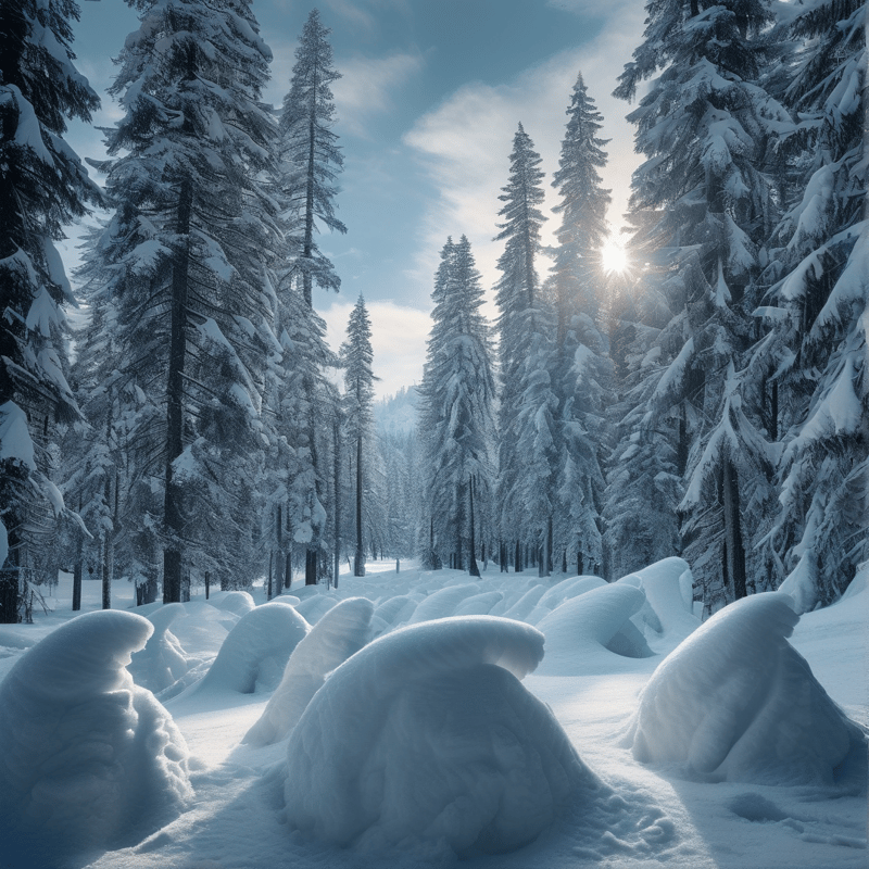 Tall pine trees covered in thick snow stand in a sunlit winter forest landscape.