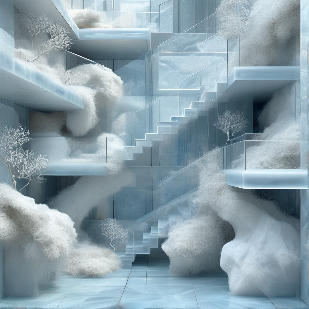 Surreal glass platforms and staircases float amidst fluffy white clouds and bare trees within a cool blue space.