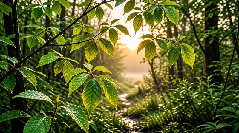 Young green branches dotted with raindrops glow backlit by the setting sun over a wet forest path.