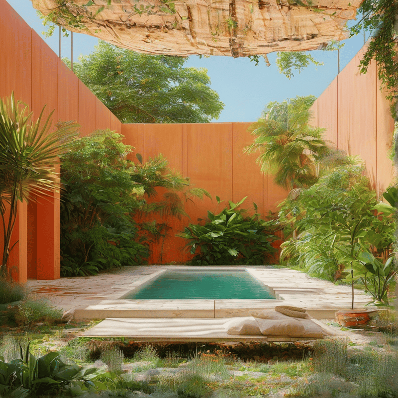A narrow jade pool rests between rust colored panels and dense tropical planting with a cushioned daybed in front