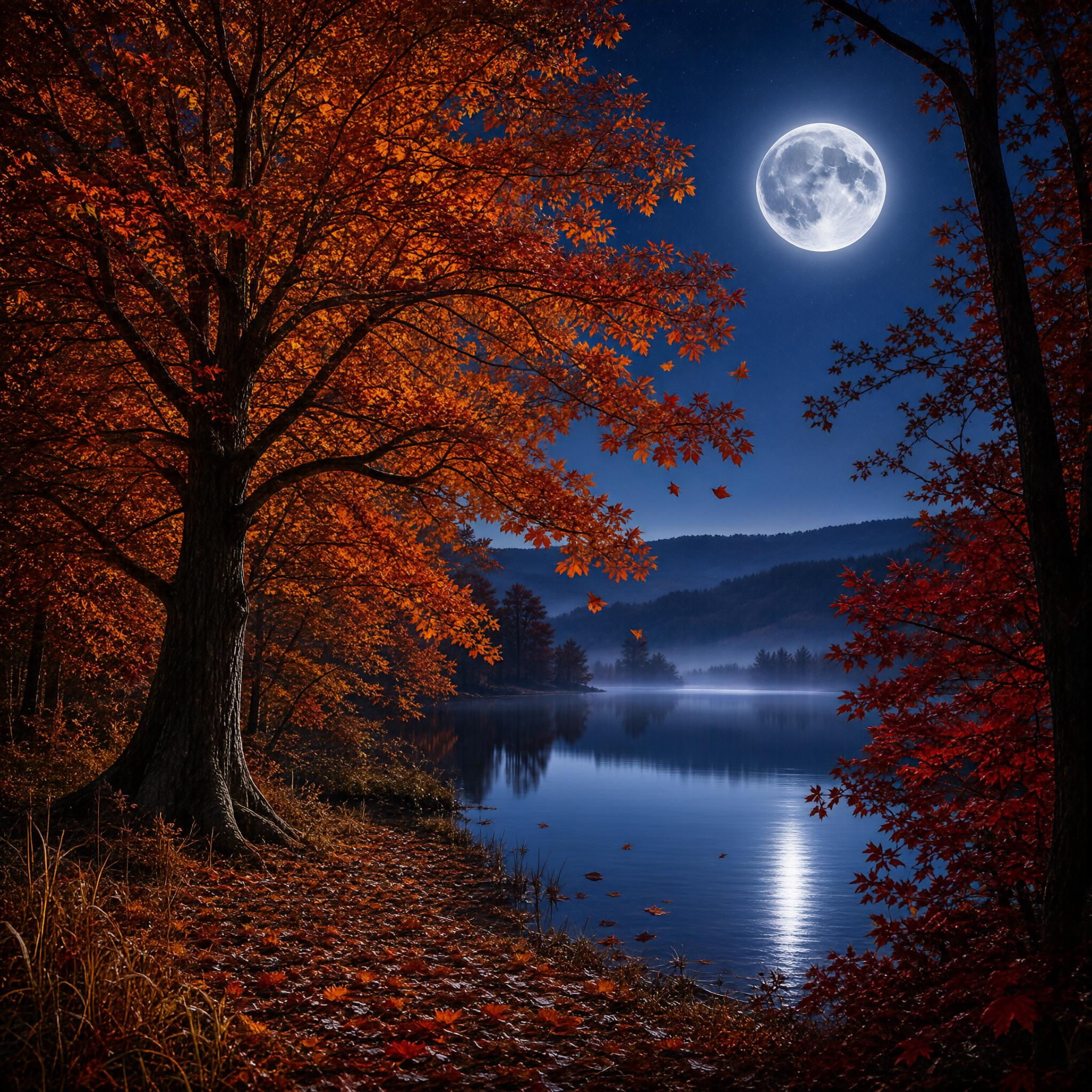 Autumn Lake Under Full Moon