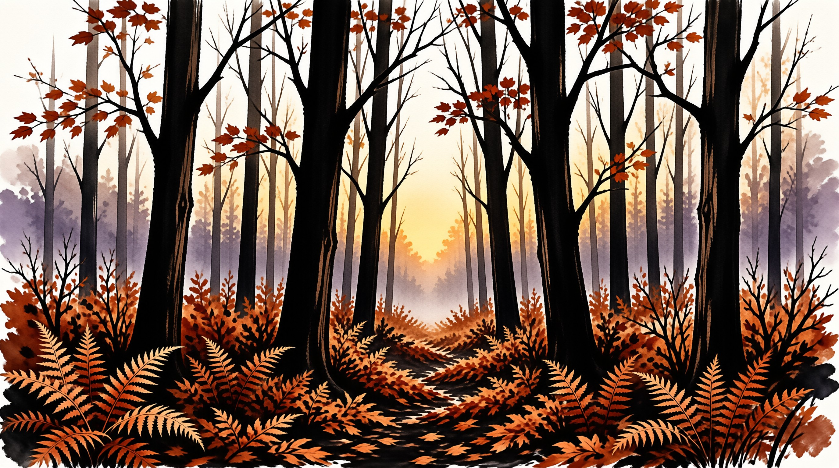 Warm light glows at the end of a leafy trail flanked by dark trunks and rust colored ferns.