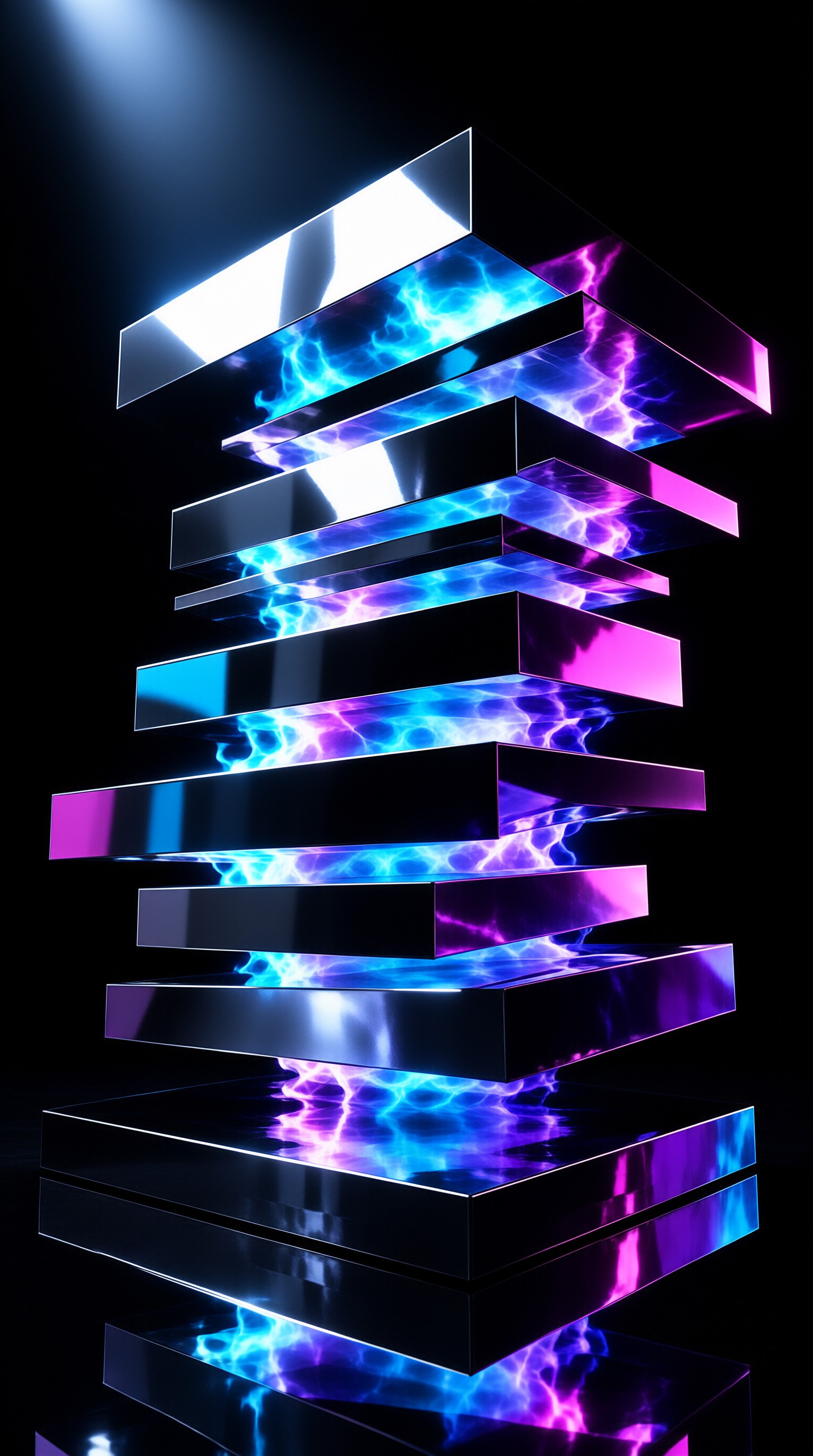 Vertical dark rectangular layers emitting neon blue and violet light against a black background.
