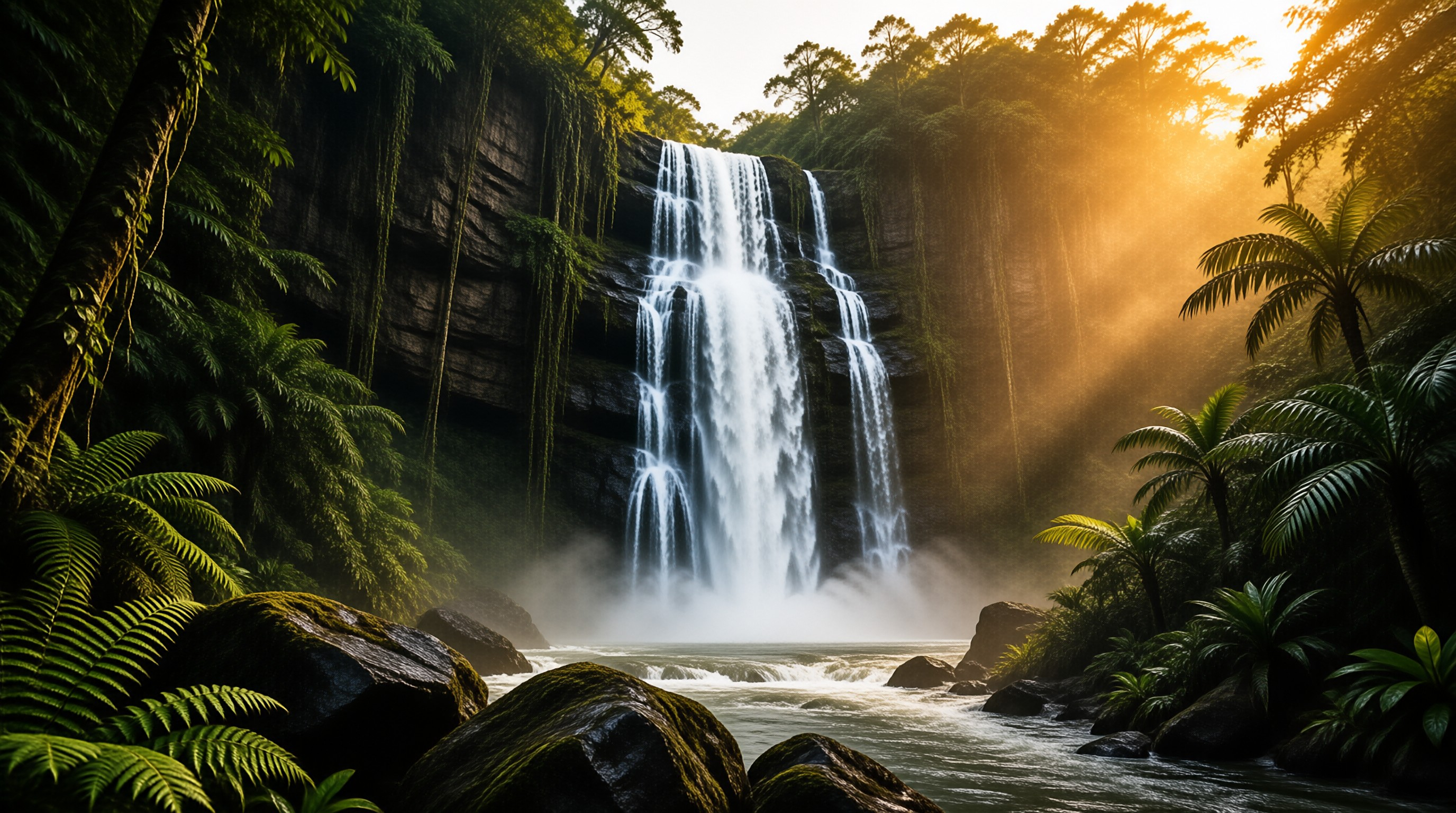 Sunlit Tropical Waterfall
