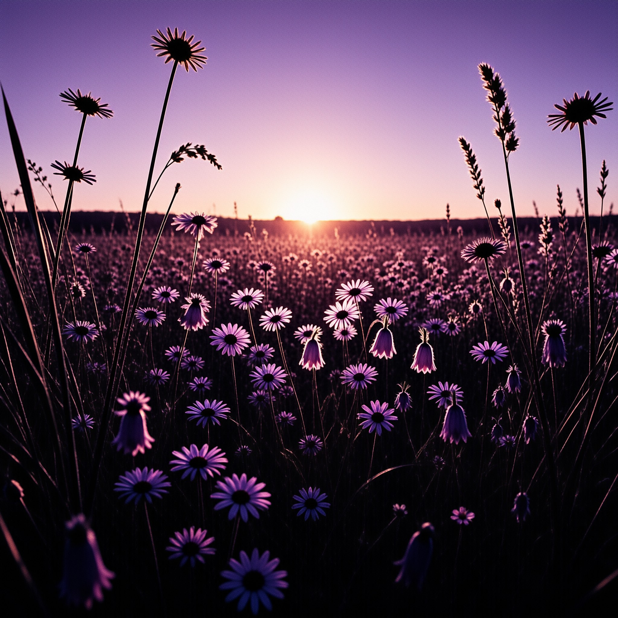 A field of purple wildflowers rises against a gradient sunset sky as the sun sits low on the horizon illuminating the scene with warm light that contrasts with the dark silhouettes of the tall grasses and blossoms in the immediate foreground.