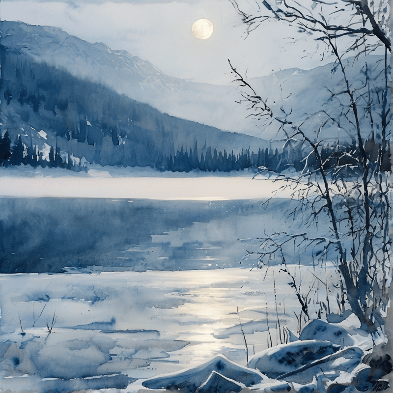 A serene watercolor scene depicting a frozen lake bordered by snowy mountains and dark pine trees under a glowing moon.