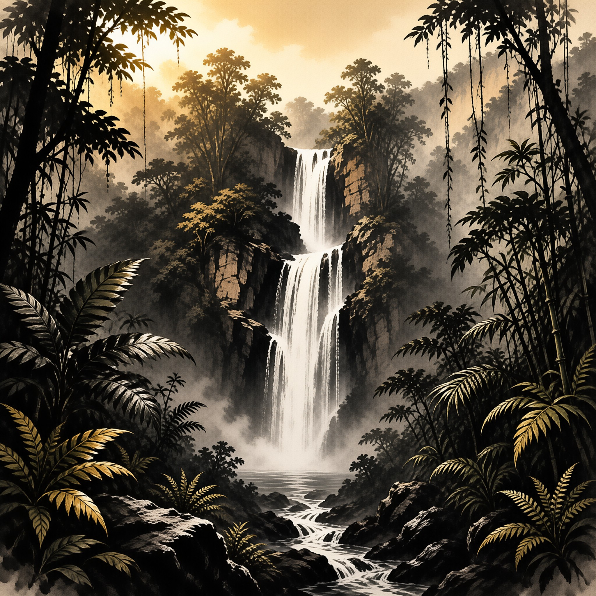 A powerful waterfall plunges through a lush tropical jungle illuminated by warm sunlight filtering through the canopy.