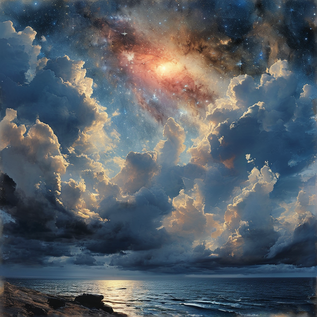 A luminous nebula shines through the stars above towering clouds hovering over a dark ocean reflecting the celestial glow.