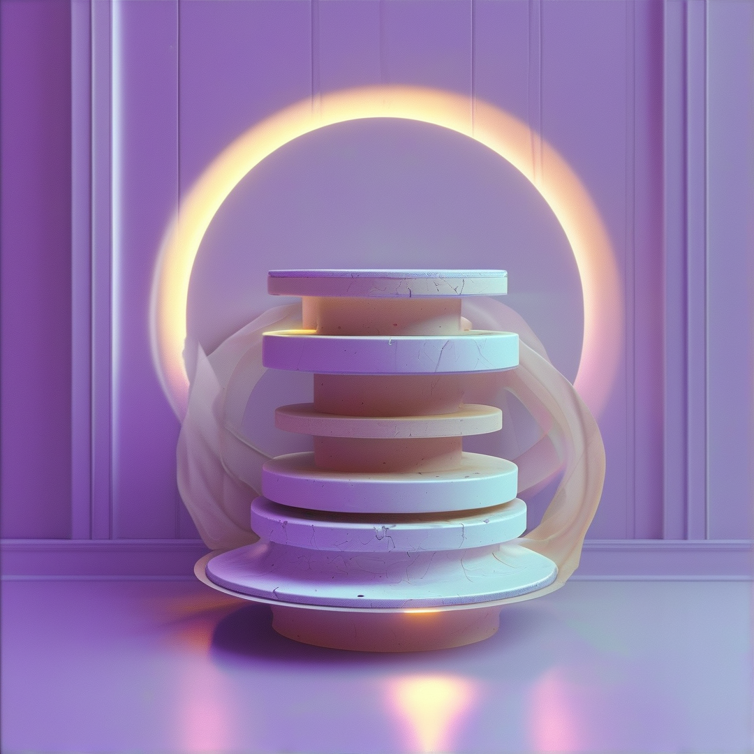 A stacked circular form rests centrally in a purple interior lit by a large warm circular halo behind the pastel layers.