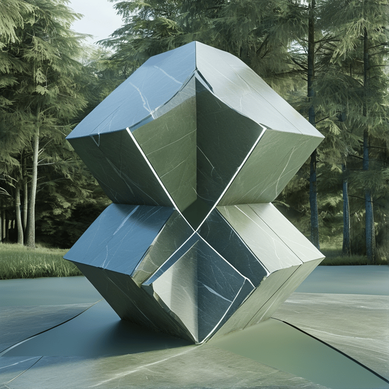 A large faceted metallic sculpture with greenish hues stands on a smooth platform amidst tall evergreen trees under soft daylight.