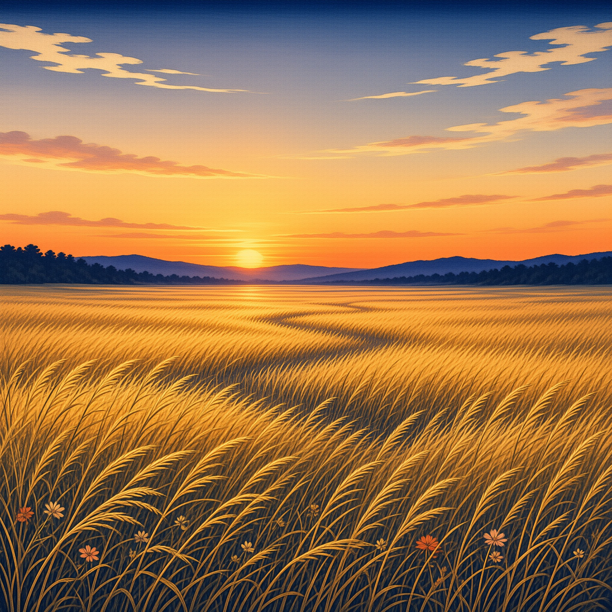 A vast expanse of golden grain stretches toward distant mountains beneath a colorful sunset sky.