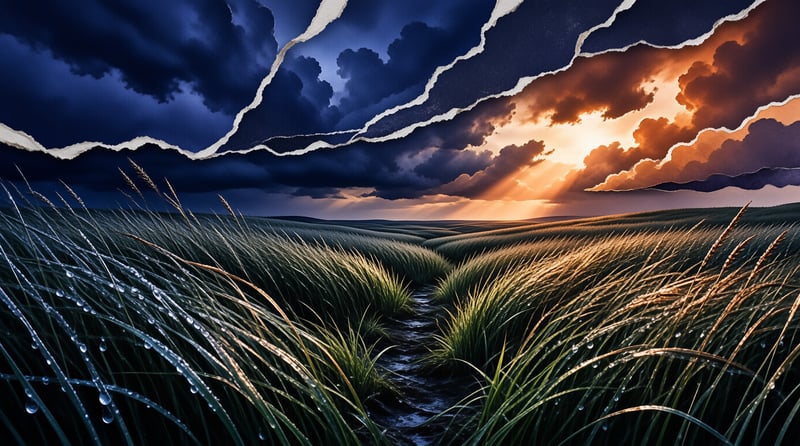 A stream winds through dewy grasses beneath a sky split between a dark storm and a bright sunset.