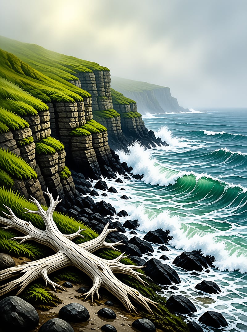 A large pale tree branch lies on black rocks while crashing turquoise water hits steep cliffs under a bright sky.