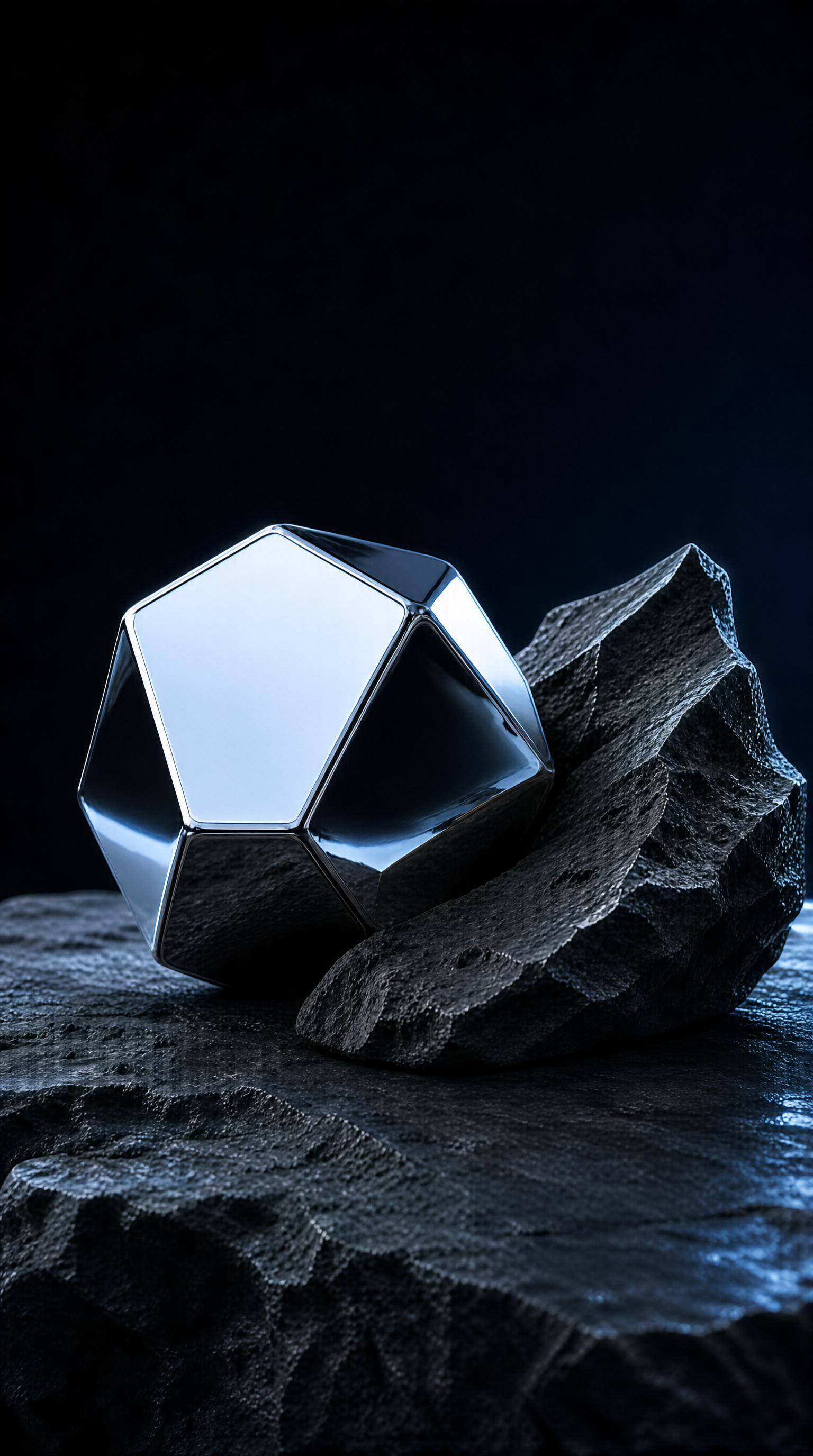 Metallic Geometric Shape on Dark Rock