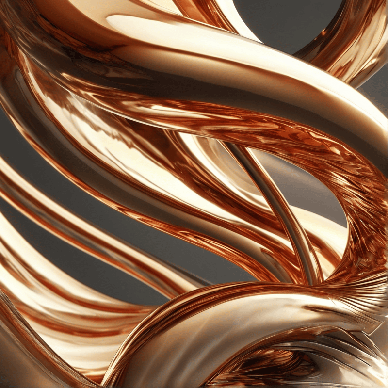 Glossy metallic ribbons intertwine dynamically against a neutral grey backdrop with sharp reflections.