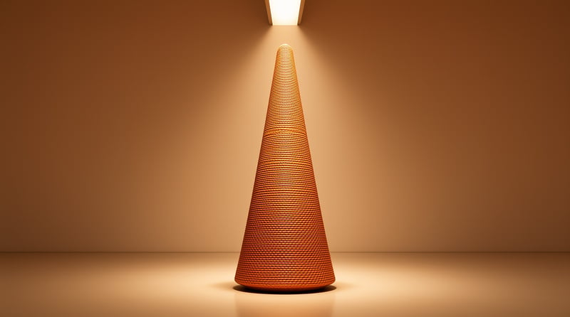 A tall orange cone with a woven texture stands centered in a beige room under a single ceiling spotlight.