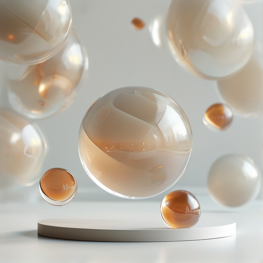 Translucent and amber glass spheres float in a bright white space, while one rests on a low circular podium.
