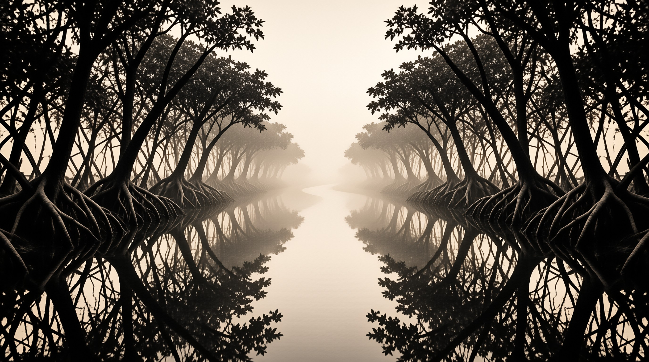 Dark tree roots line a foggy channel reflecting the forest silhouette in a symmetrical monochrome composition.