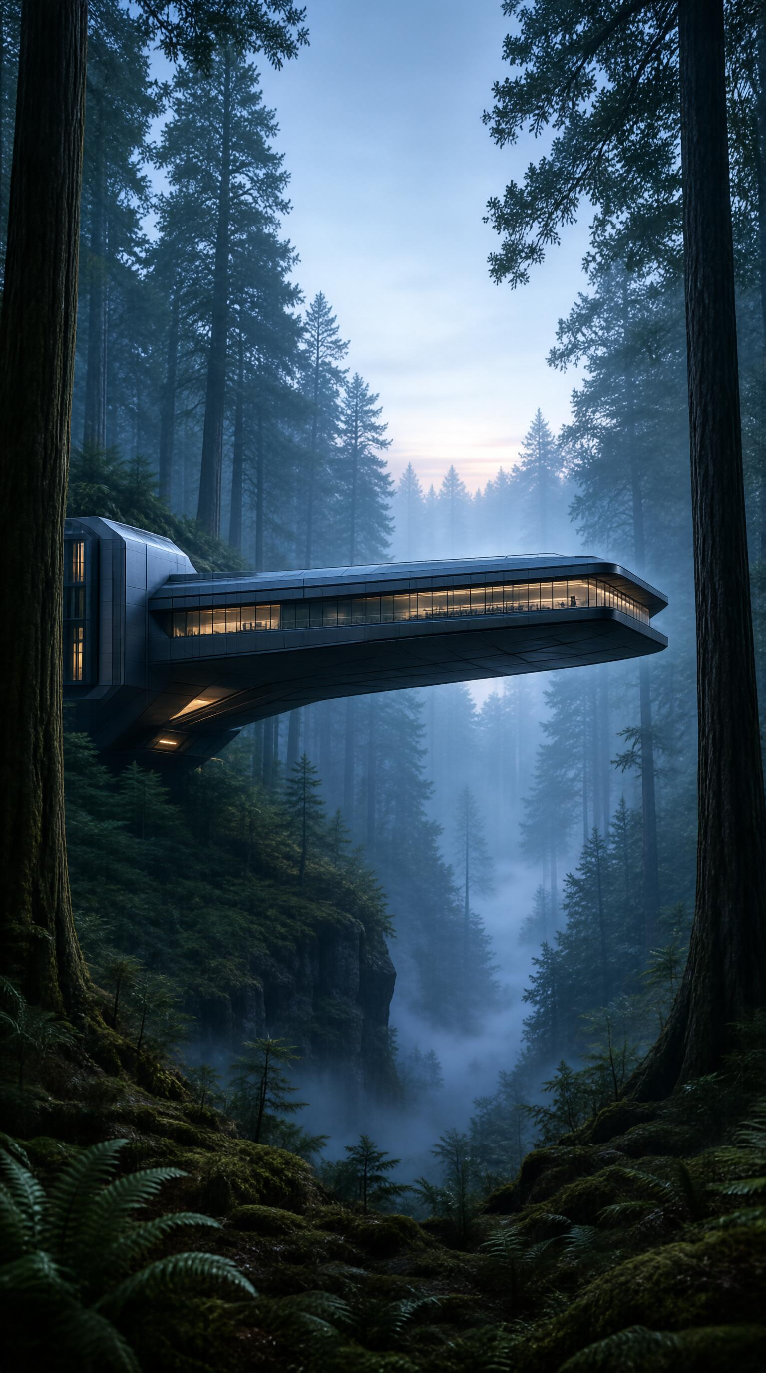 Futuristic Bridge in Misty Forest