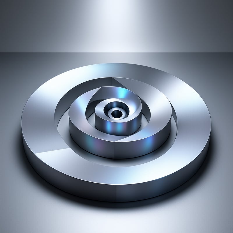 A 3d render of nested silver discs forming a vortex with soft lighting and iridescent blue highlights on the edges.