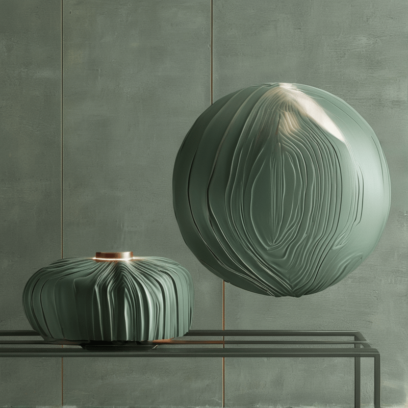 A ribbed spherical form floats above a low pumpkin-like fixture that emits a warm glow on a wire rack.
