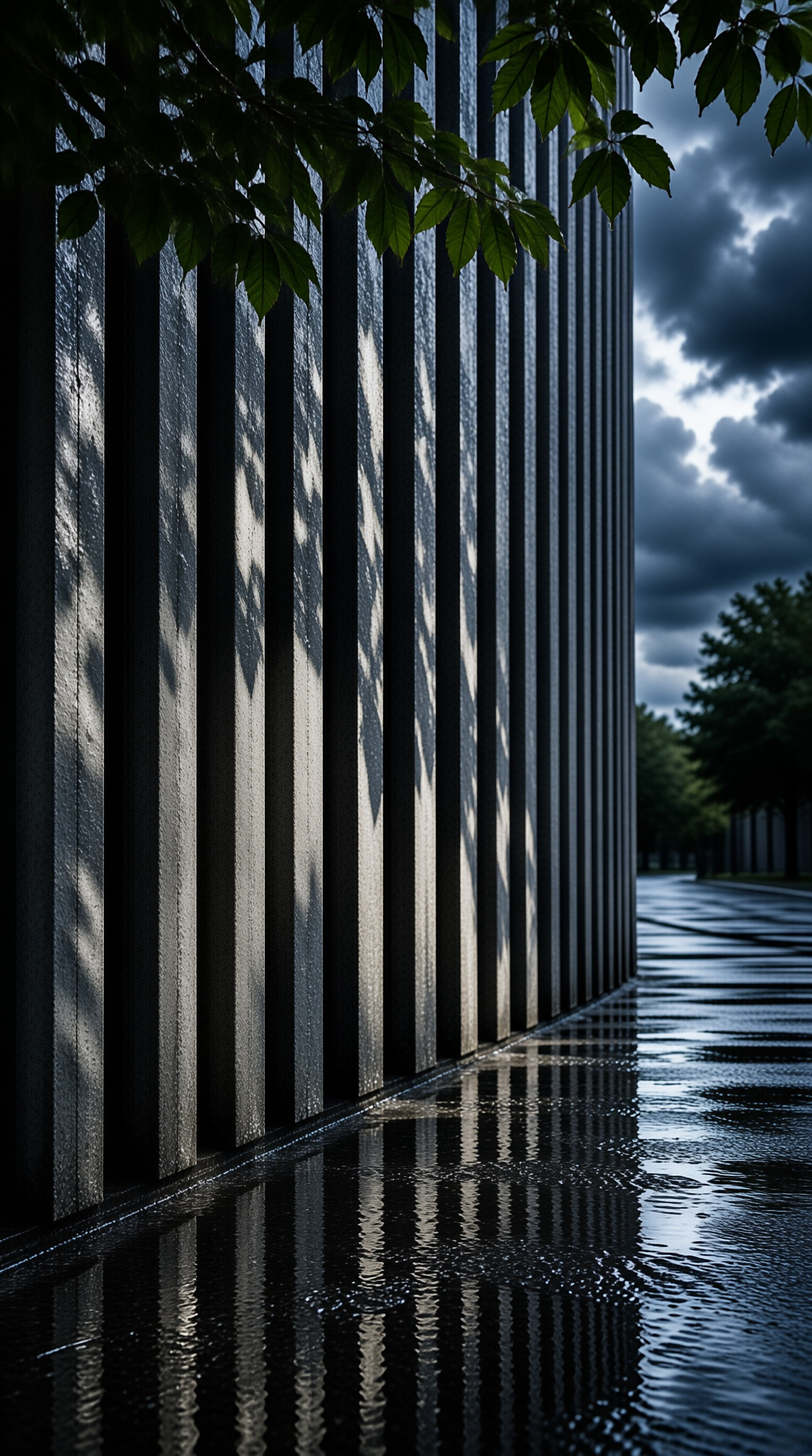 Dark vertical slats form a wall beside wet pavement reflecting the structure under a cloudy sky with hanging leaves.